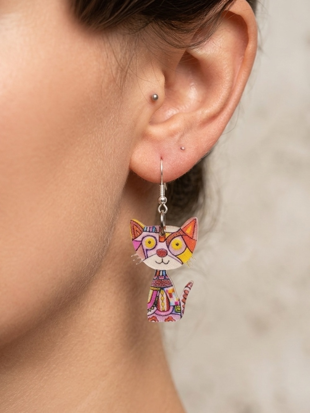Colorful Cat Earrings | Patchwork Acrylic Mosaic Feline Dangles
